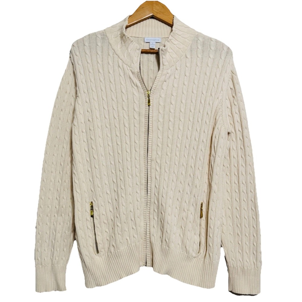 Charter Club Women's Cable Knit Zipper Cardigan Sweater Size XL Old Money Preppy